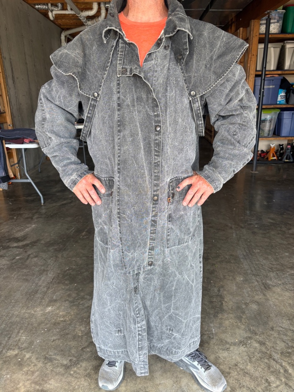 Men's Washed Black Long Trench Coat with Cape Detail